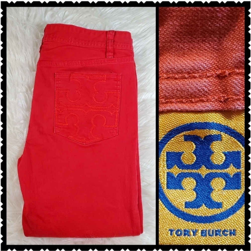 Tory Burch Red Cropped Skinny Jeans Embroidered Logo Pockets Size 26 denim NEW - Picture 7 of 15